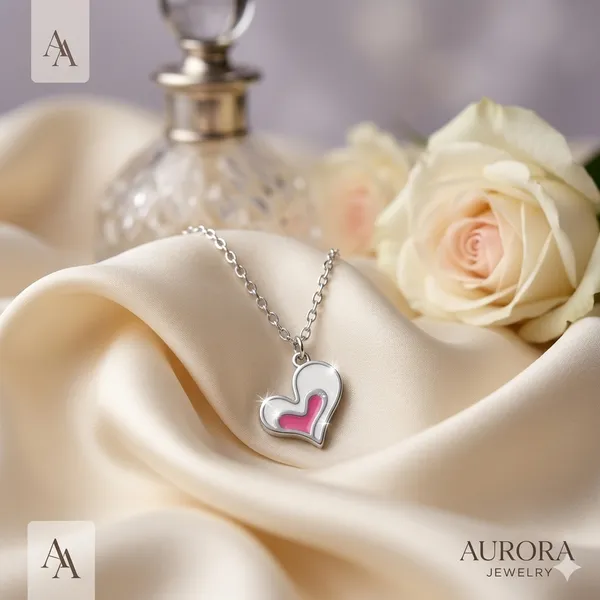 White_Rhodium_Sterling_Silver_Double_Heart_Pink_Enamel_Pendant_Necklace_For_Women