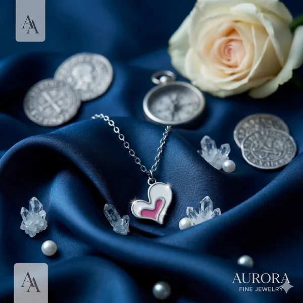 White_Rhodium_Sterling_Silver_Double_Heart_Pink_Enamel_Pendant_Necklace_For_Women