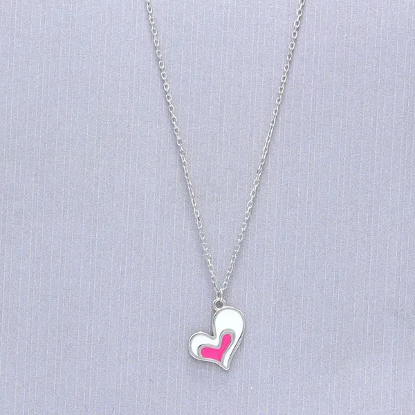 White_Rhodium_Sterling_Silver_Double_Heart_Pink_Enamel_Pendant_Necklace_For_Women