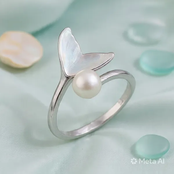 White_Rhodium_Sterling_Silver_Mermaid_Tail_Pearl_Adjustable_Ring_For_Women