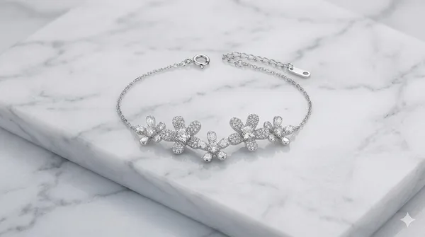 White_Sterling_Silver_Flower_Bracelet_For_Women
