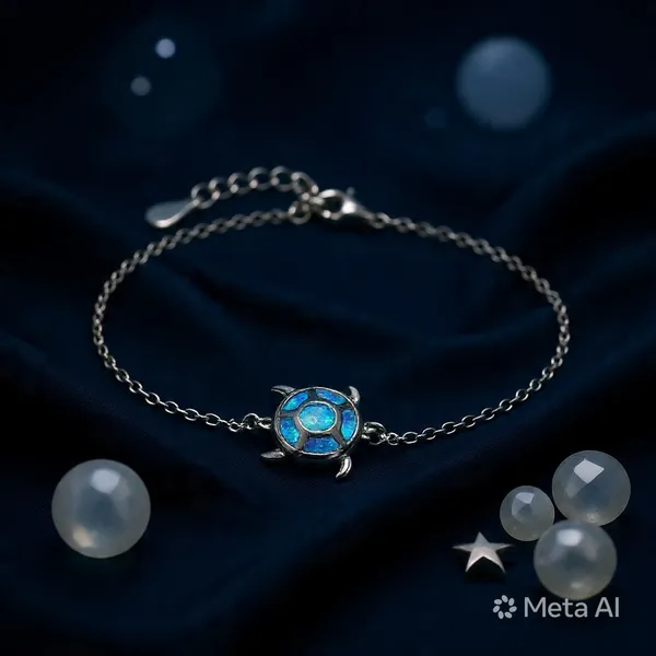 White_Sterling_Silver_Blue_Opal_Turtle_Charm_Bracelet_For_Women