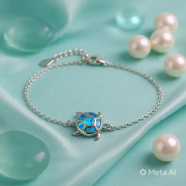 White_Sterling_Silver_Blue_Opal_Turtle_Charm_Bracelet_For_Women