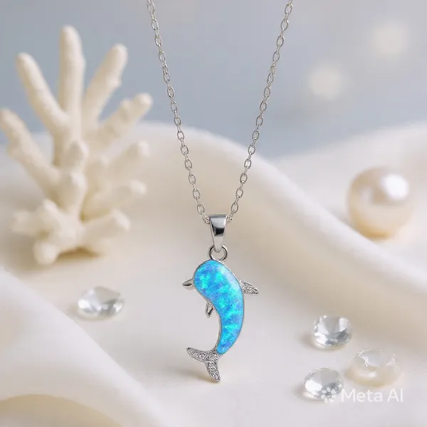 White_Sterling_Silver_Dolphin_Blue_Opal_Pendant_Necklace_For_Women