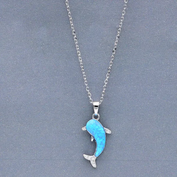 White_Sterling_Silver_Dolphin_Blue_Opal_Pendant_Necklace_For_Women