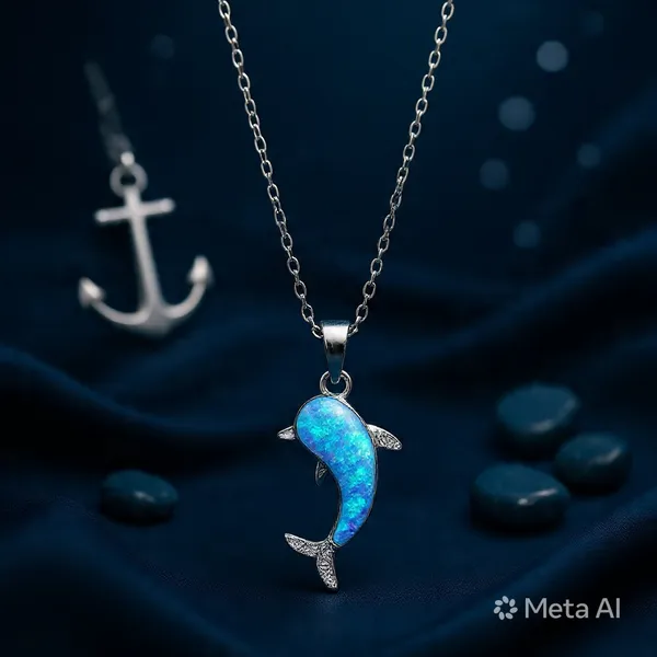 White_Sterling_Silver_Dolphin_Blue_Opal_Pendant_Necklace_For_Women