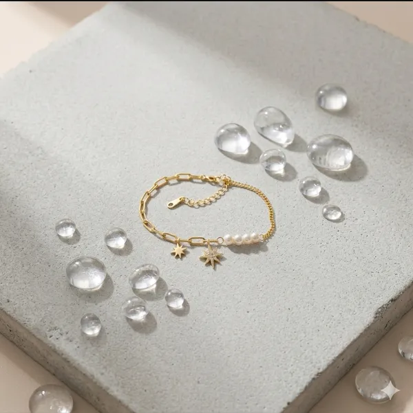 Yellow_Gold_Sterling_Silver_Pearl_Star_Charm_Layered_Bracelet_For_Women