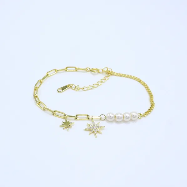 Yellow_Gold_Sterling_Silver_Pearl_Star_Charm_Layered_Bracelet_For_Women