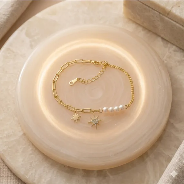 Yellow_Gold_Sterling_Silver_Pearl_Star_Charm_Layered_Bracelet_For_Women