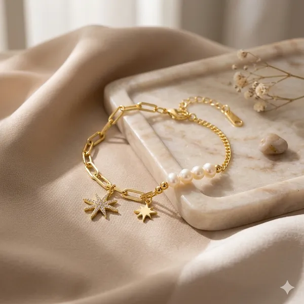 Yellow_Gold_Sterling_Silver_Pearl_Star_Charm_Layered_Bracelet_For_Women