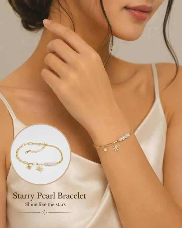 Yellow_Gold_Sterling_Silver_Pearl_Star_Charm_Layered_Bracelet_For_Women