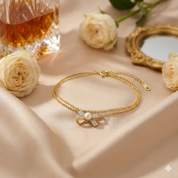 Yellow_Gold_Sterling_Silver_Pearl_Butterfly_Double_Chain_Bracelet_For_Women