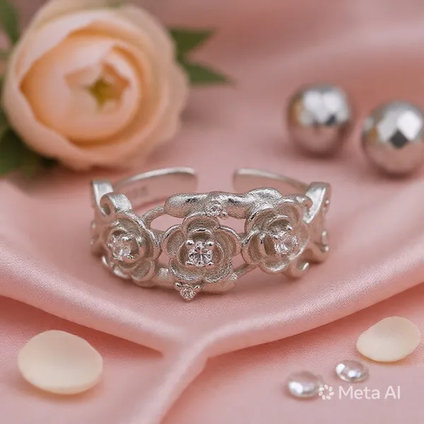 White_Rhodium_Sterling_Silver_Floral_Motif_Adjustable_Ring_For_Women