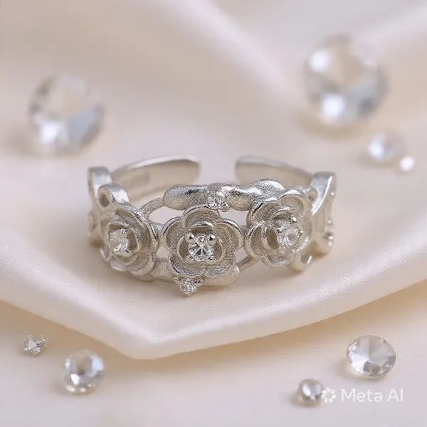 White_Rhodium_Sterling_Silver_Floral_Motif_Adjustable_Ring_For_Women