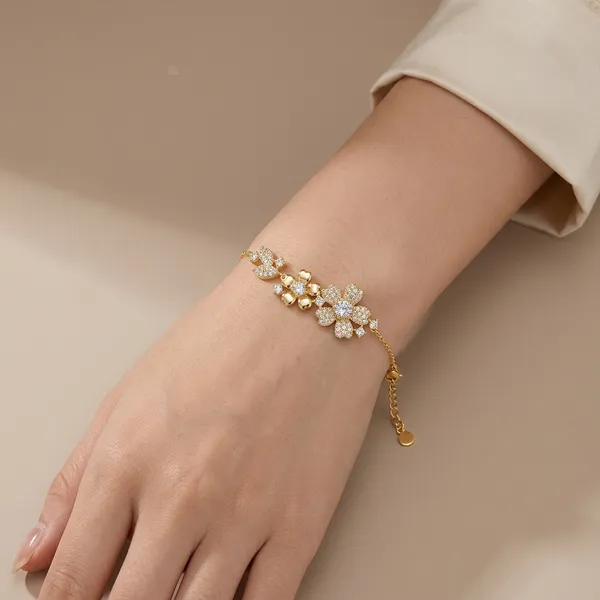 Yellow_Gold_Sterling_Silver_Flower_Cluster_Bracelet_For_Women