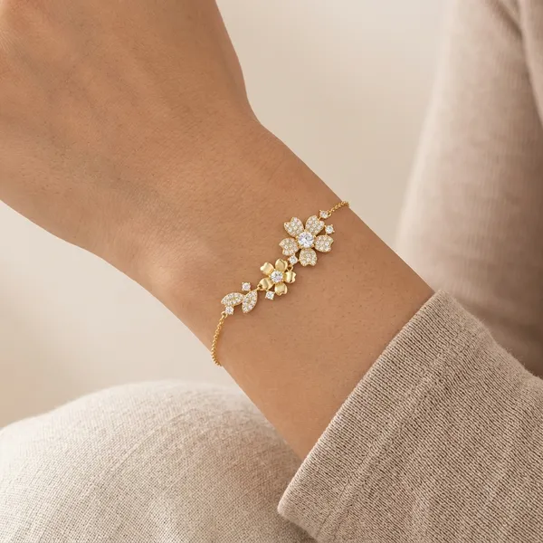 Yellow_Gold_Sterling_Silver_Flower_Cluster_Bracelet_For_Women