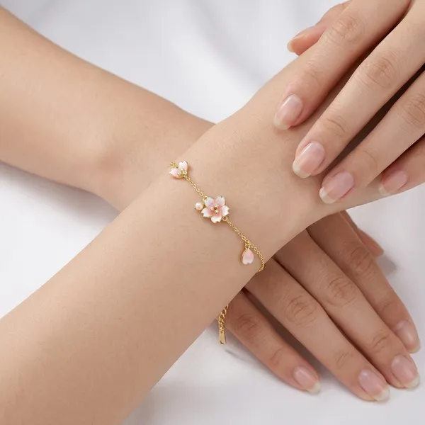 Yellow_Gold_Sterling_Silver_Pink_Floral_Enamel_Charm_Bracelet_For_Women
