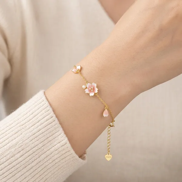 Yellow_Gold_Sterling_Silver_Pink_Floral_Enamel_Charm_Bracelet_For_Women
