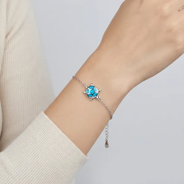White_Sterling_Silver_Blue_Opal_Turtle_Charm_Bracelet_For_Women
