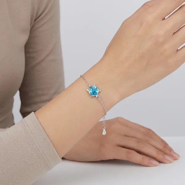 White_Sterling_Silver_Blue_Opal_Turtle_Charm_Bracelet_For_Women