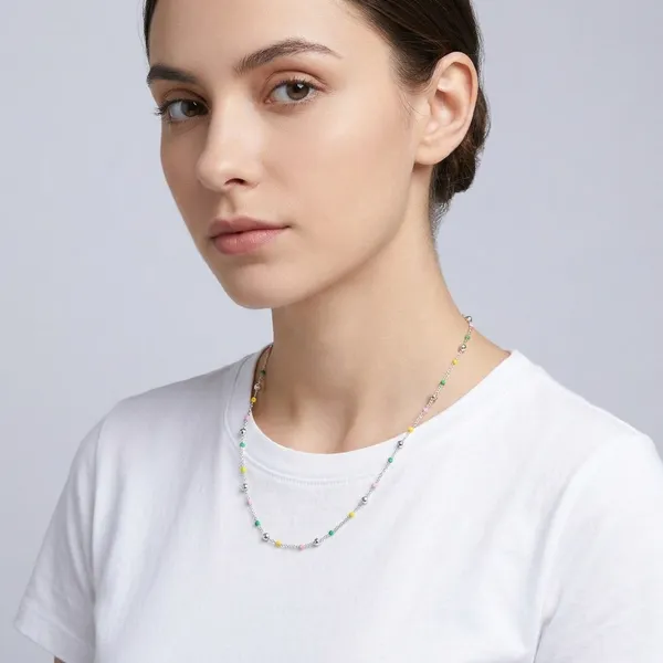 White_Sterling_Silver_Multicolor_Beaded_Chain_Necklace_For_Women
