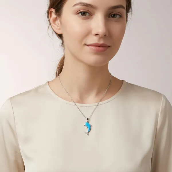 White_Sterling_Silver_Dolphin_Blue_Opal_Pendant_Necklace_For_Women