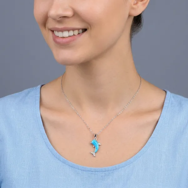 White_Sterling_Silver_Dolphin_Blue_Opal_Pendant_Necklace_For_Women