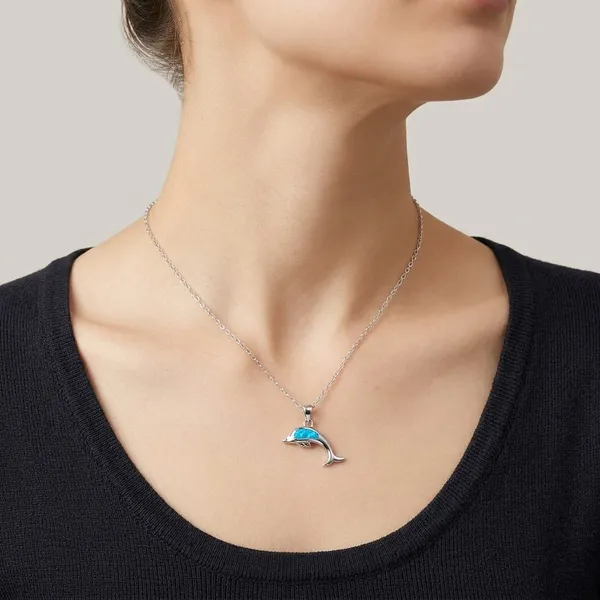 White_Rhodium_Sterling_Silver_Blue_Opal_Dolphin_Pendant_Necklace_For_Women