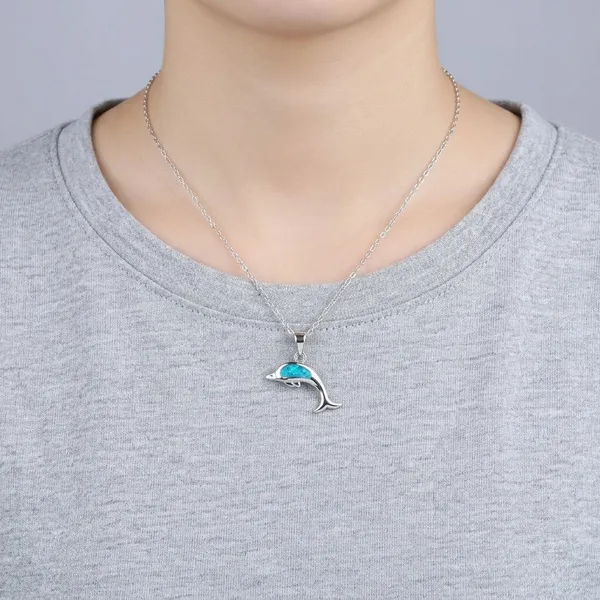 White_Rhodium_Sterling_Silver_Blue_Opal_Dolphin_Pendant_Necklace_For_Women
