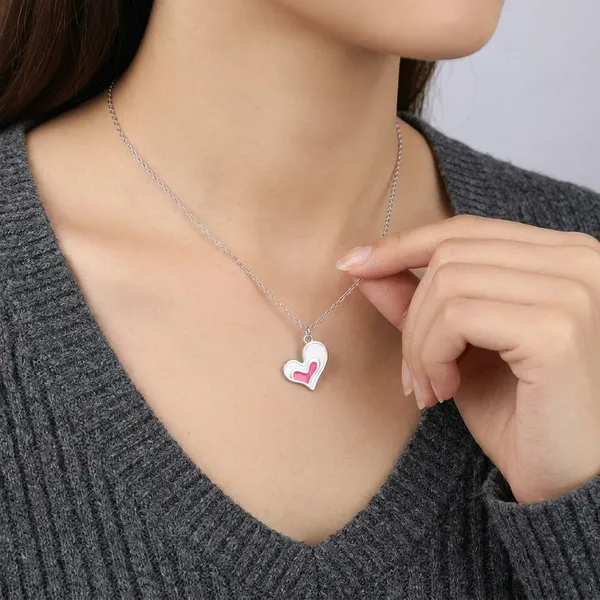 White_Rhodium_Sterling_Silver_Double_Heart_Pink_Enamel_Pendant_Necklace_For_Women