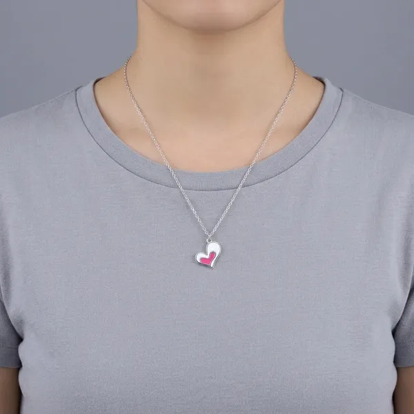 White_Rhodium_Sterling_Silver_Double_Heart_Pink_Enamel_Pendant_Necklace_For_Women