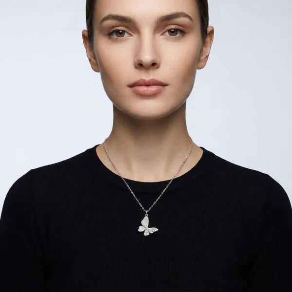 White_Rhodium_Sterling_Silver_Butterfly_Pendant_Necklace_For_Women