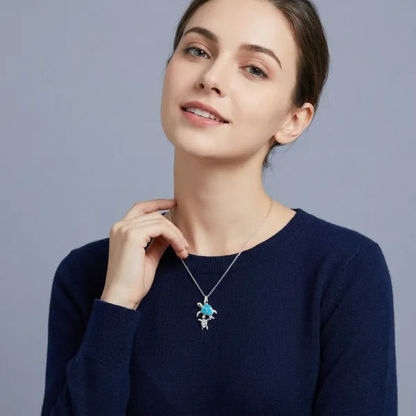 White_Sterling_Silver_Blue_Opal_Turtle_Pendant_Necklace_For_Women