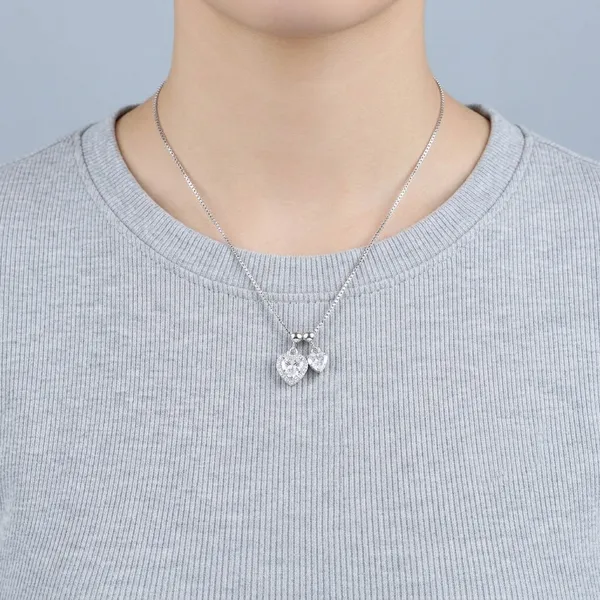 White_Rhodium_Sterling_Silver_Dual_Heart_Charm_Pendant_Necklace_For_Women