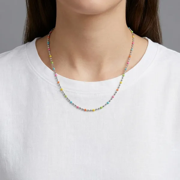 White_Rhodium_Sterling_Silver_Multicolor_Beaded_Chain_Necklace_For_Women