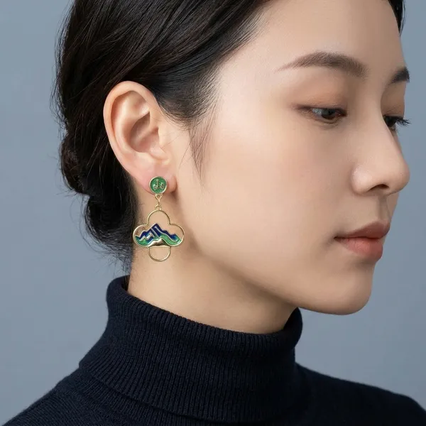 Yellow_Gold_Sterling_Silver_Green_Enamel_Mountain_Cloud_Drop_Earrings_For_Women