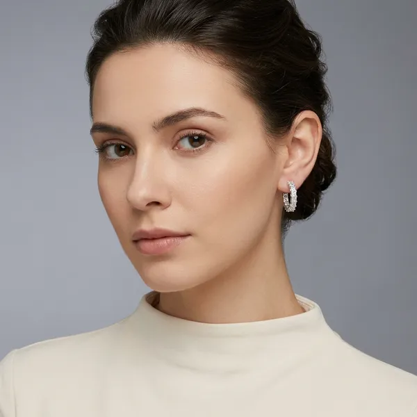 White_Rhodium_Sterling_Silver_Studded_Hoop_Earrings_For_Women