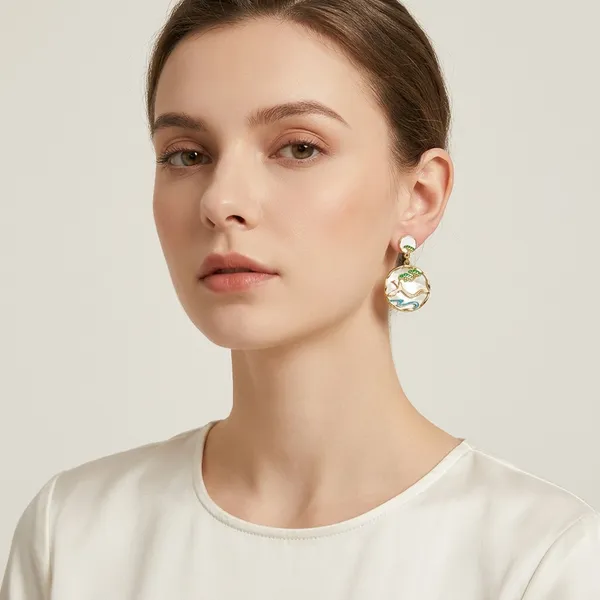 Yellow_Gold_Sterling_Silver_Green_Enamel_Tree_Circular_Drop_Earrings_For_Women
