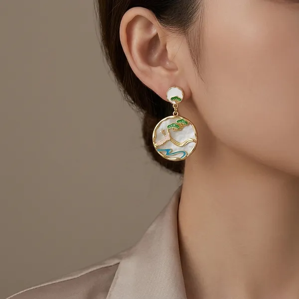 Yellow_Gold_Sterling_Silver_Green_Enamel_Tree_Circular_Drop_Earrings_For_Women