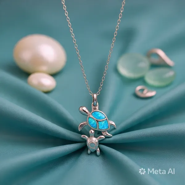 White_Sterling_Silver_Blue_Opal_Turtle_Pendant_Necklace_For_Women