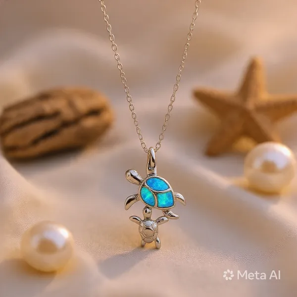 White_Sterling_Silver_Blue_Opal_Turtle_Pendant_Necklace_For_Women