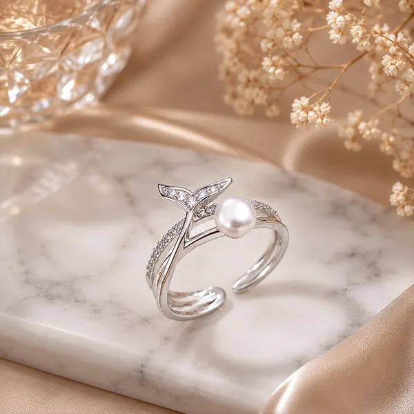 White_Rhodium_Sterling_Silver_Mermaid_Tail_Pearl_Adjustable_Ring_For_Women