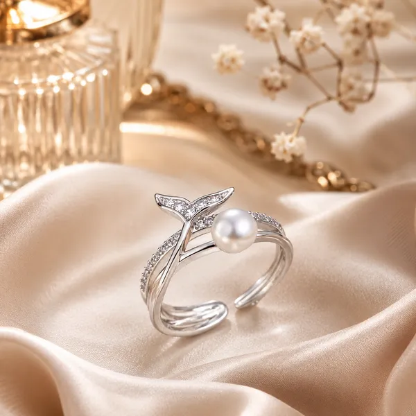 White_Rhodium_Sterling_Silver_Mermaid_Tail_Pearl_Adjustable_Ring_For_Women