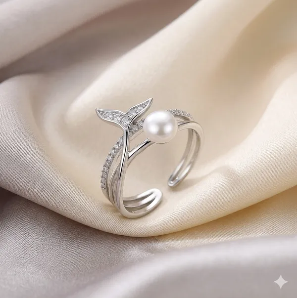 White_Rhodium_Sterling_Silver_Mermaid_Tail_Pearl_Adjustable_Ring_For_Women