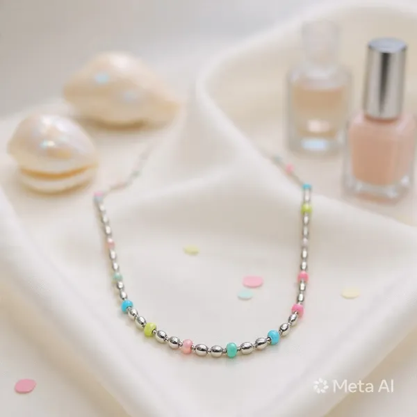 White_Rhodium_Sterling_Silver_Multicolor_Beaded_Chain_Necklace_For_Women