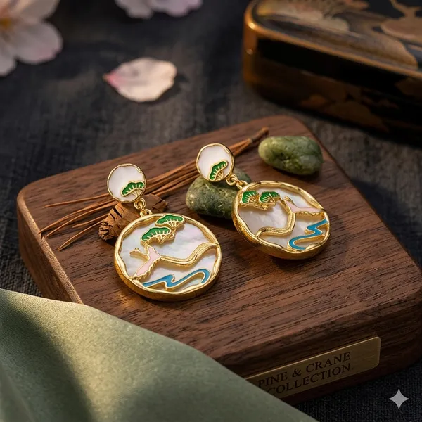Yellow_Gold_Sterling_Silver_Green_Enamel_Tree_Circular_Drop_Earrings_For_Women