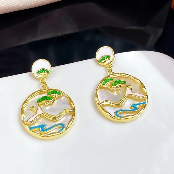 Yellow_Gold_Sterling_Silver_Green_Enamel_Tree_Circular_Drop_Earrings_For_Women