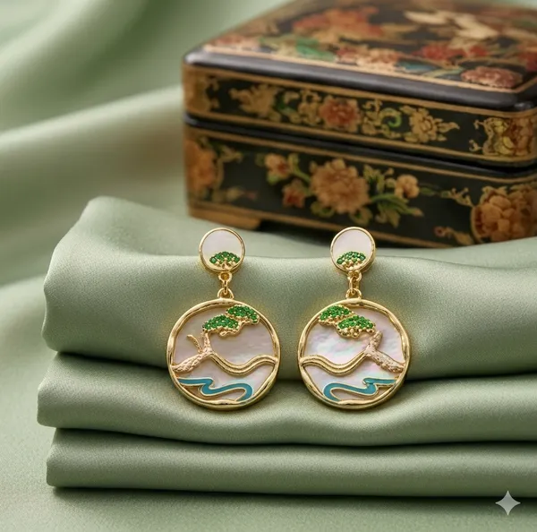 Yellow_Gold_Sterling_Silver_Green_Enamel_Tree_Circular_Drop_Earrings_For_Women