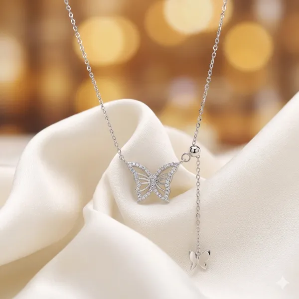 White_Rhodium_Sterling_Silver_Butterfly_Pendant_Necklace_For_Women