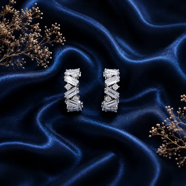 White_Rhodium_Sterling_Silver_Baguette_Zigzag_Hoop_Earrings_For_Women